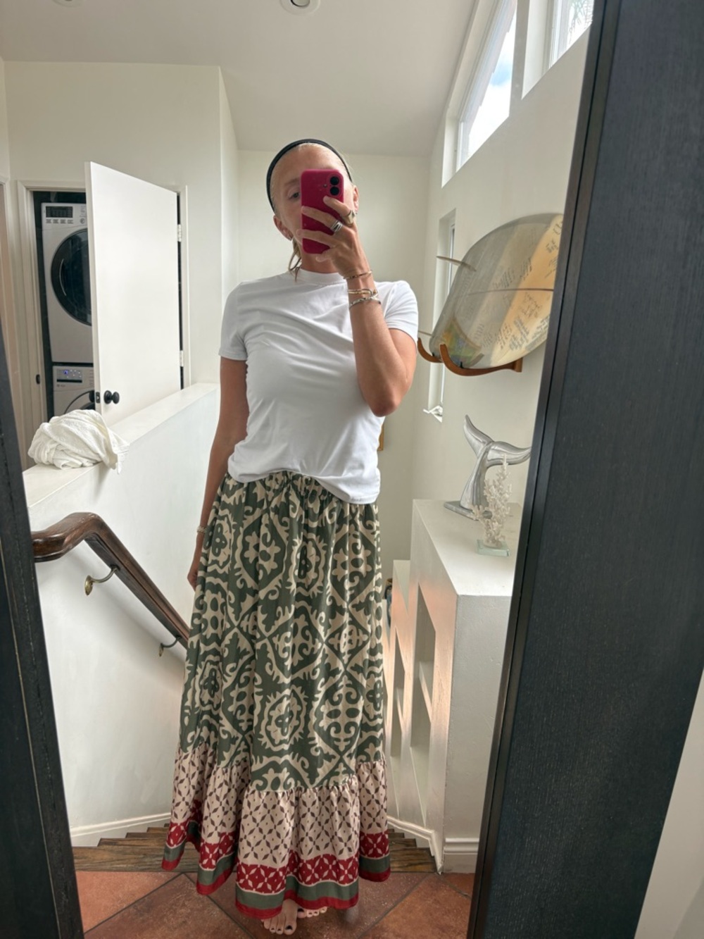 Bohemian Printed Maxi Skirt in Olive & Cream